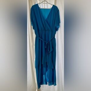Elegant Aqua/Teal Midi Dress with Waist Tie